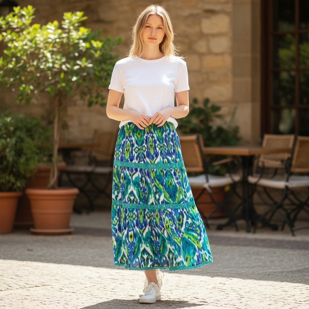 Notations Blue Green Ikat Tiered Maxi Skirt Cotton Crochet Trim Small JCFK0042